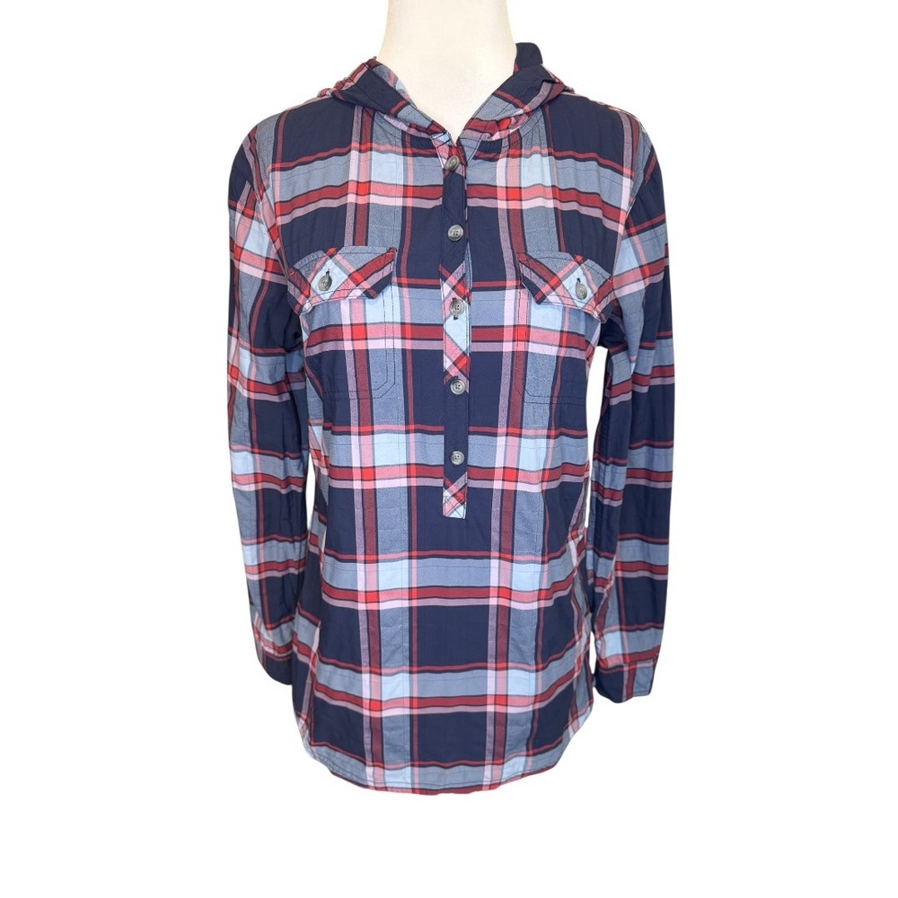 Eddie Bauer Womens Navy Red Plaid Hooded‎ Shirt Long Sleeve Nylon Blend Small